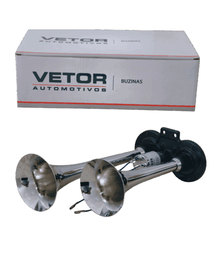 Buzina Ar 2 Cornetas Cromada 12V C/Válvula - Vetor VT-043