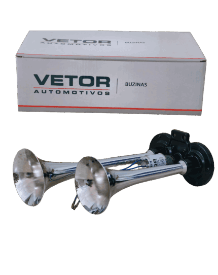 Buzina Ar 2 Cornetas Cromada 24V C/Válvula - Vetor VT-044