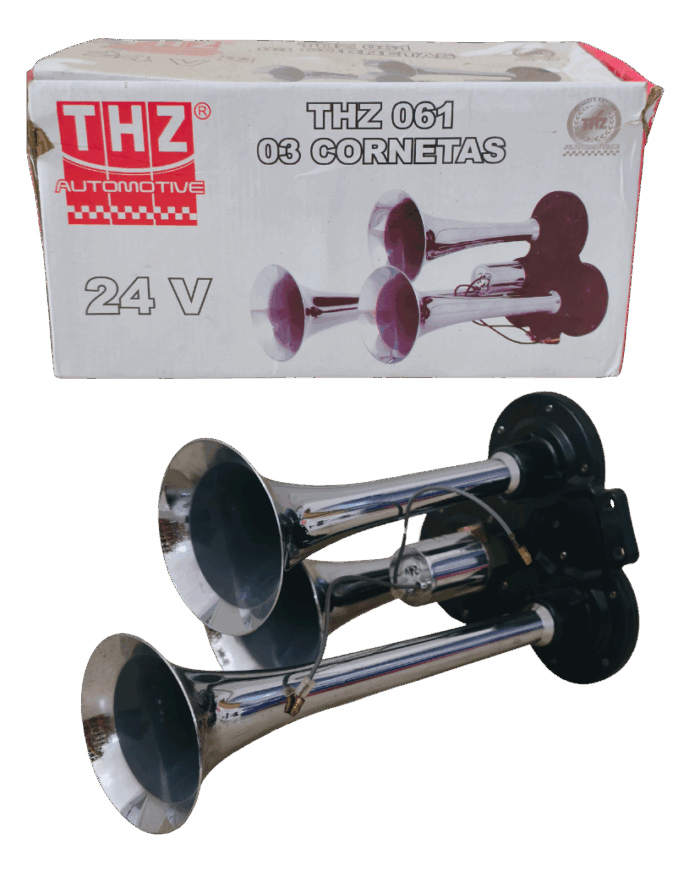 Buzina Ar 3 Cornetas Cromada 24V C/ Válvula - THZ-061 - IMAGEM 1 Buzina Ar 3 Cornetas Cromada 24V C/ Válvula - THZ-061