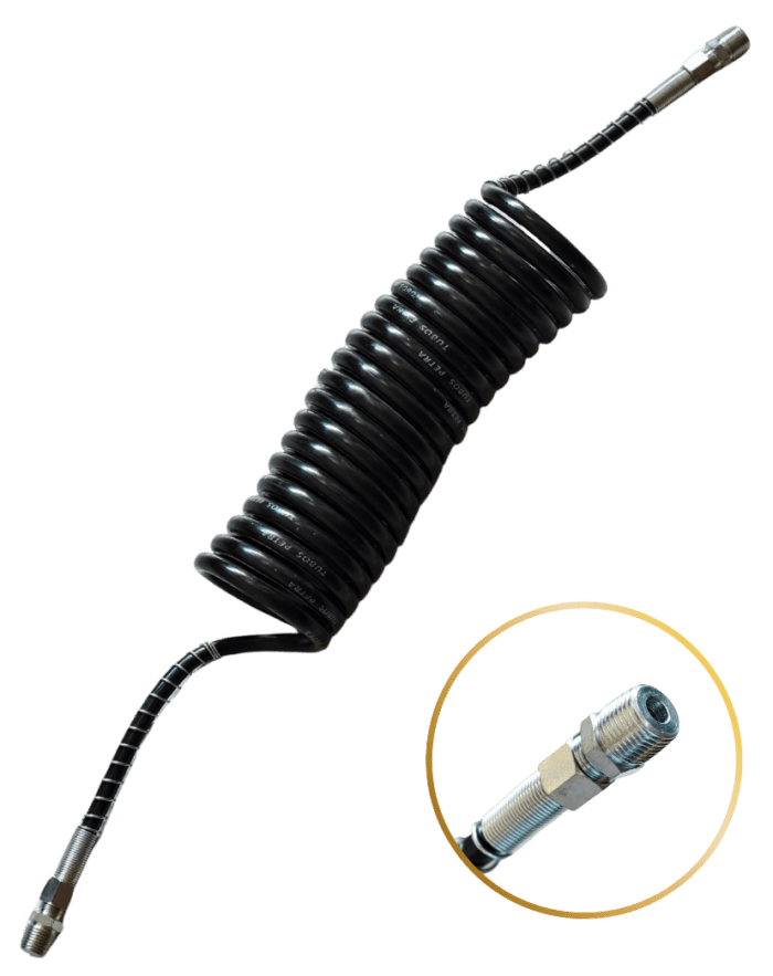 Mangueira Espiral Ligação Carreta/Cavalo Rosca 1/2 NPT - 5,50MTS / Preta - Petra PPC6652PT Mangueira Espiral Ligação Carreta/Cavalo Rosca 1/2 NPT - 5,50MTS / Preta - Petra PPC6652PT